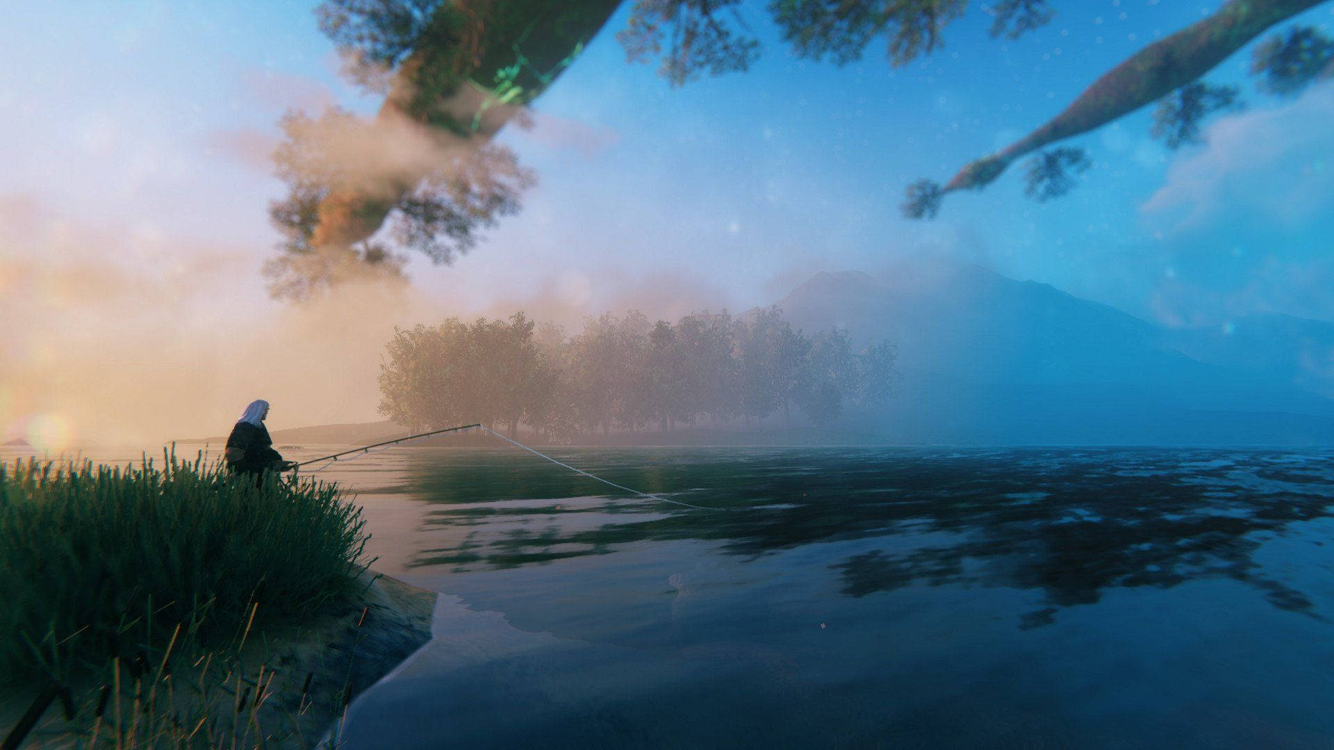 Valheim 桌布 壁紙 — 一位孤獨的漁夫在黎明時分坐在霧氣瀰漫的湖邊，樹木和山巒逐漸消失在柔和的藍色薄霧中。