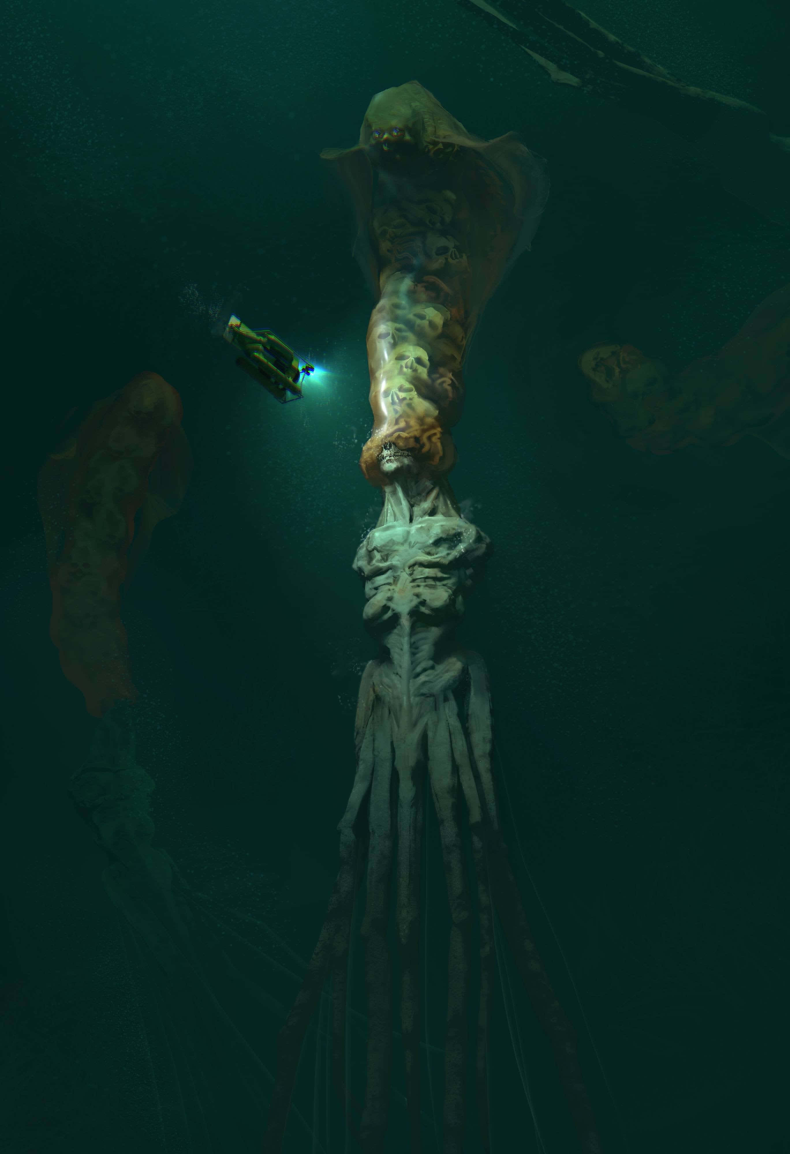 Scary Underwater 桌布 壁紙 — 一位孤獨的潛水員帶著明亮燈光探索一隻擁有骨骼身體和發光橙色頭部的巨大怪異深海生物。