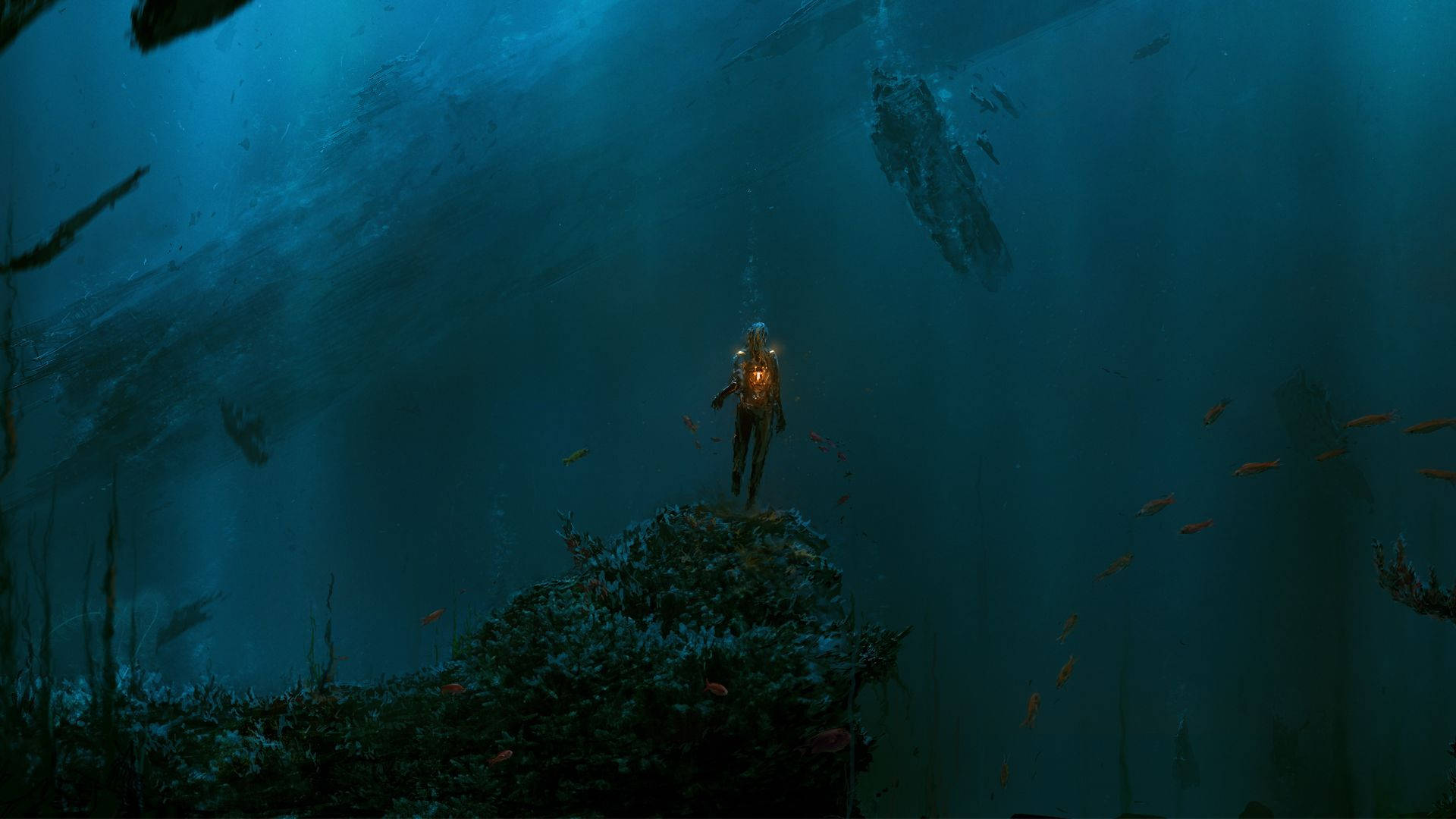 Aquatic 桌布 壁紙 — 一位孤獨的潛水員穿著發光套裝探索一個被珊瑚和漂流碎片包圍的神秘深海海溝。