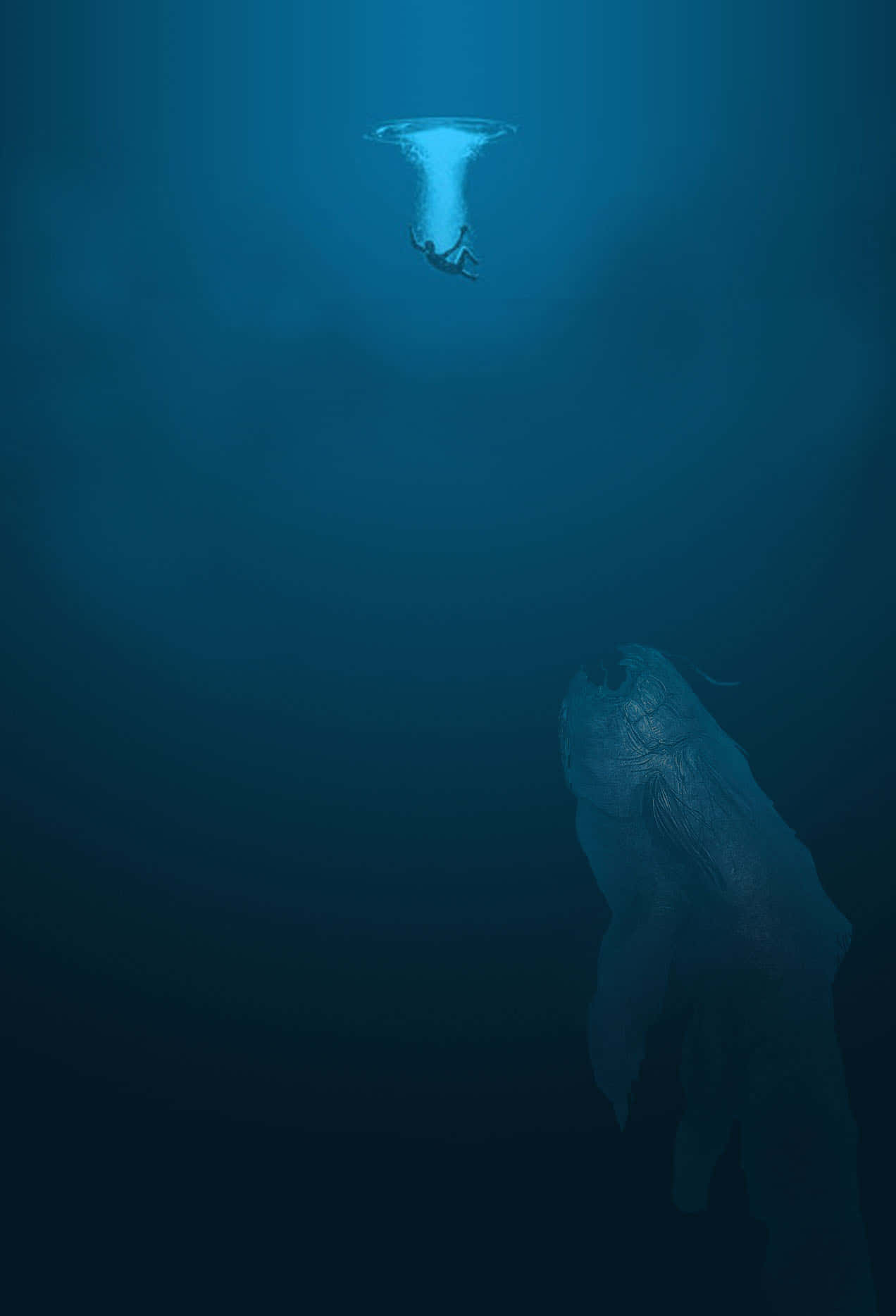 海洋 桌布 壁紙 — 一位孤獨的潛水員穿過發光的水下漩渦上升，而一個巨大的、陰影般的利維坦在深藍色的深淵中潛伏在下方。