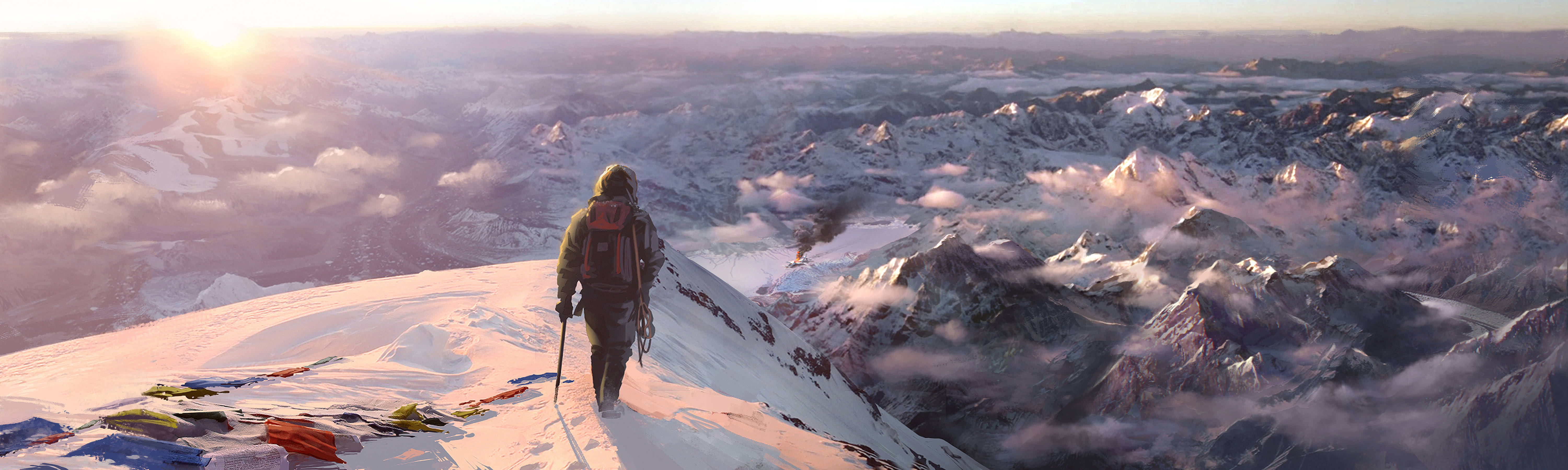 Far Cry 4 桌布 壁紙 — 一位孤獨的登山者站在白雪覆蓋的山峰上，在日出時俯瞰沐浴在金色光芒中的廣闊山脈。