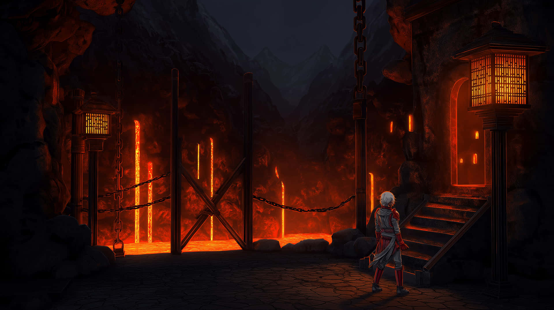 Journey Through a Fiery Cavern with Ancient Lanterns 壁紙 — 一位孤獨的白髮戰士站在黑暗山堡壘的火焰門前，堡壘由發光的燈籠和熔岩照亮。