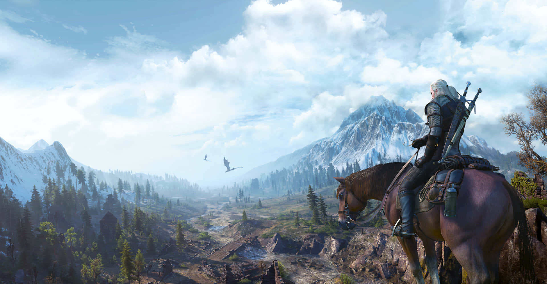 Open-world Games 桌布 壁紙 — 一位孤獨的白髮戰士騎著馬，俯瞰著廣闊的雪山山谷，山谷中有松樹林和遠處的廢墟，天空明亮多雲。