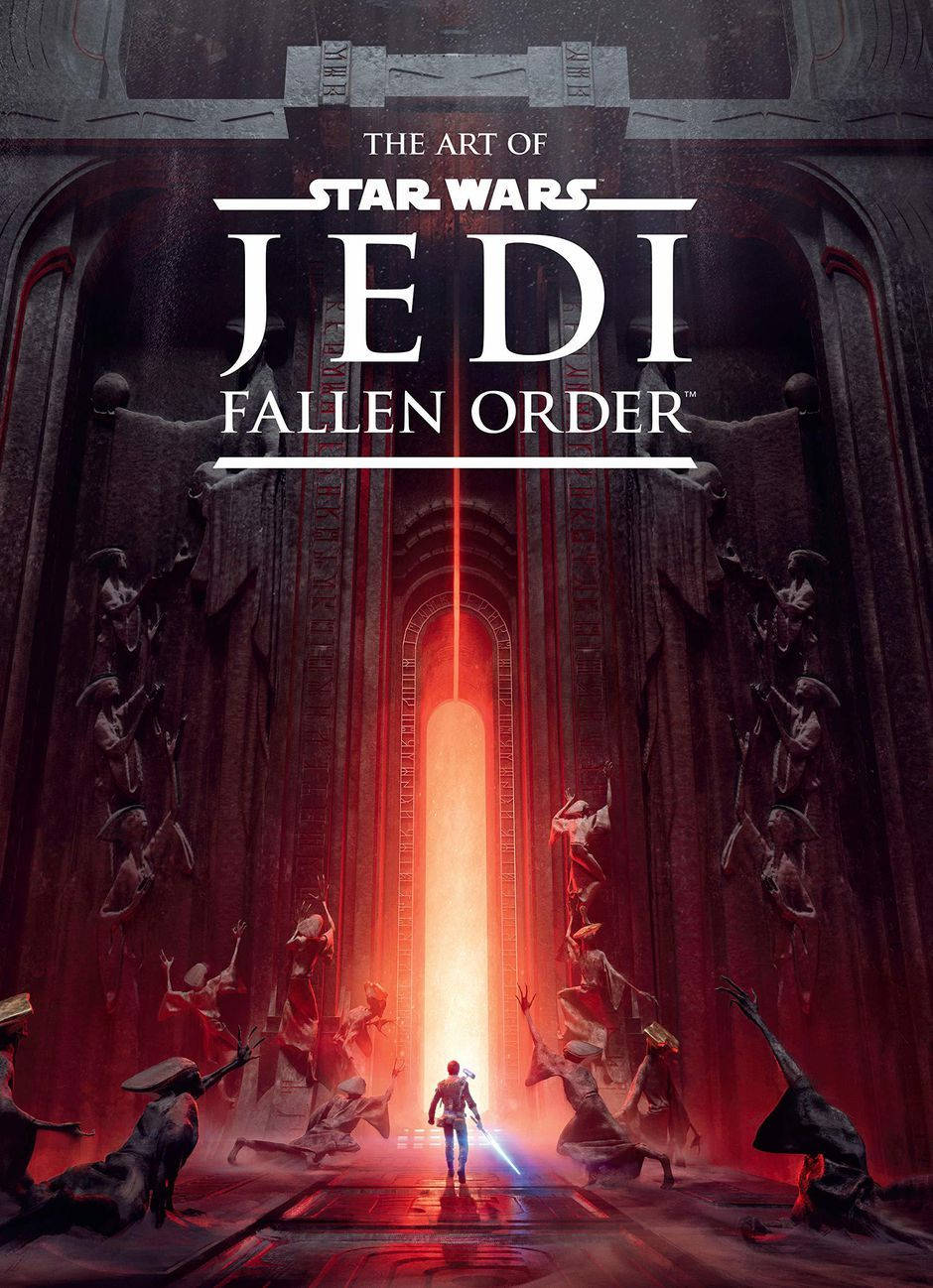 Jedi Fallen Order 桌布 壁紙 — 一位孤獨的絕地武士站在宏偉的寺廟大廳中，沐浴在紅光下，周圍環繞著雕像，一道發光的光束穿透天花板。
