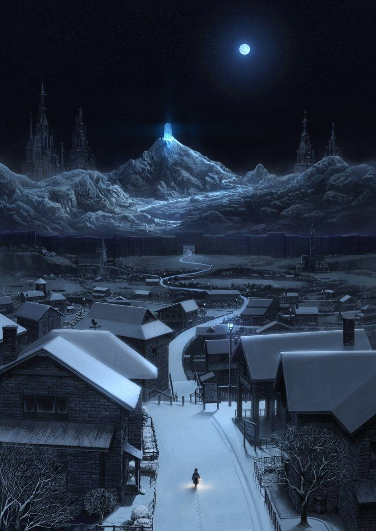 夜空 桌布 壁紙 — 一位孤獨的自行車騎士穿過白雪覆蓋的村莊，在發光的月亮下，遠處有明亮的山峰。