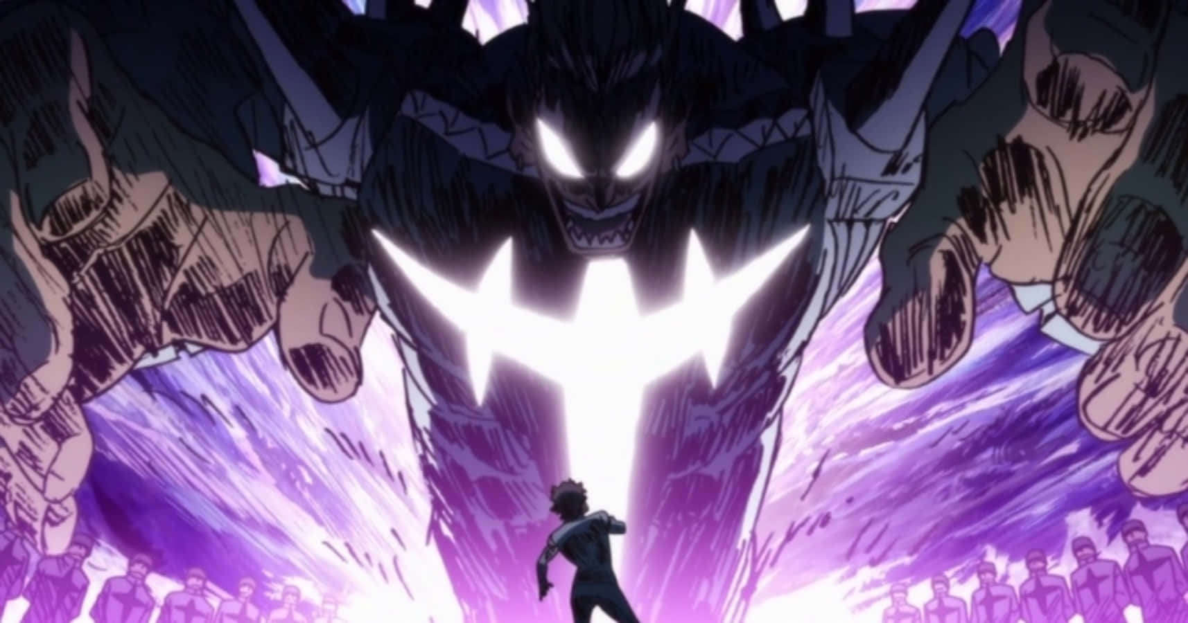 Ira Gamagoori 桌布 壁紙 — 一位孤獨的英雄站在一個擁有發光白色眼睛和閃耀胸前徽章的龐大怪物實體面前，背景是紫色能量風暴。