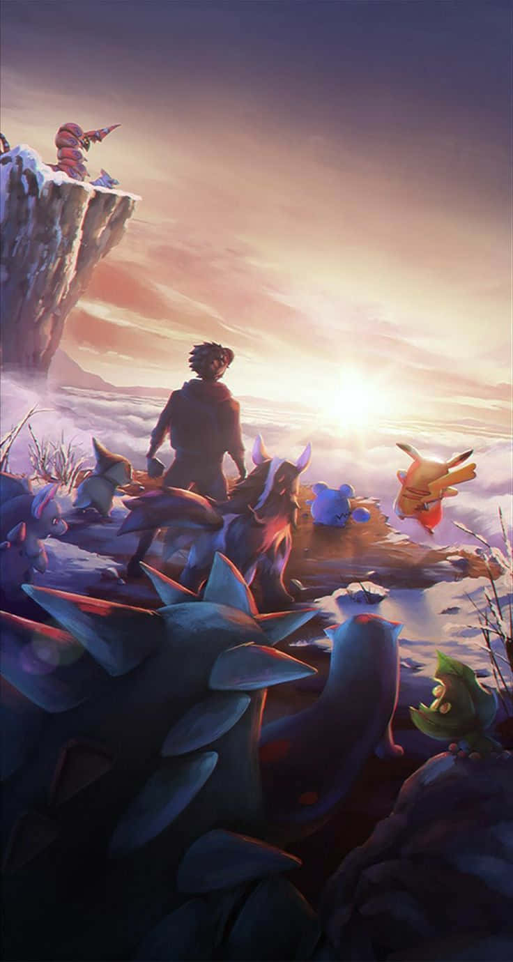 Pokemon Fan Art 桌布 壁紙 — 一位孤獨的訓練家站在日落時分的雪崖上，發光的寶可夢環繞著他們，構成戲劇性的奇幻場景。