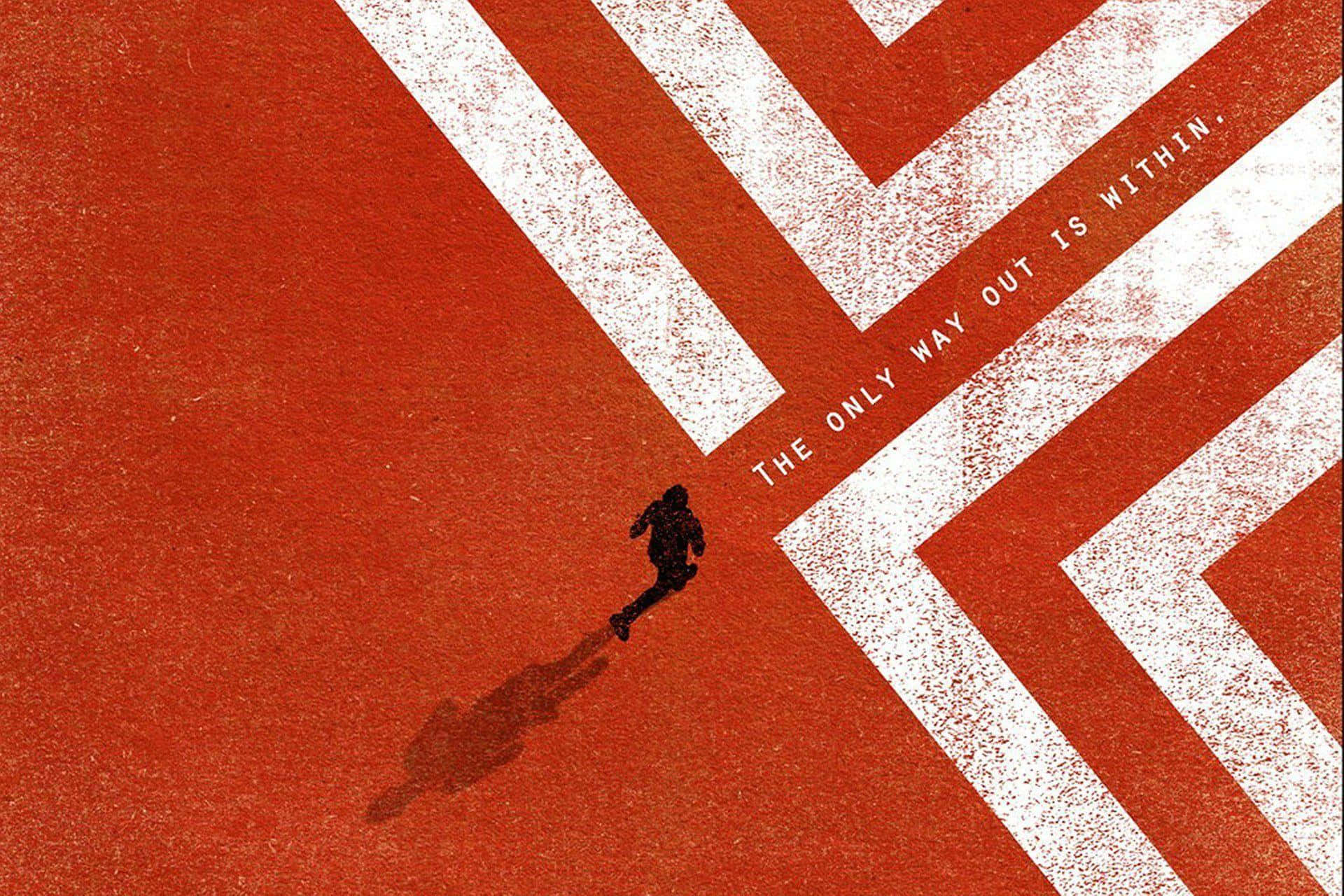 Maze Runner 桌布 壁紙 — 一位孤獨的跑者衝過一個有紋理的紅色場地，場地被大膽的白色V形圖案和文字「THE ONLY WAY OUT IS WITHIN.」所交錯。
