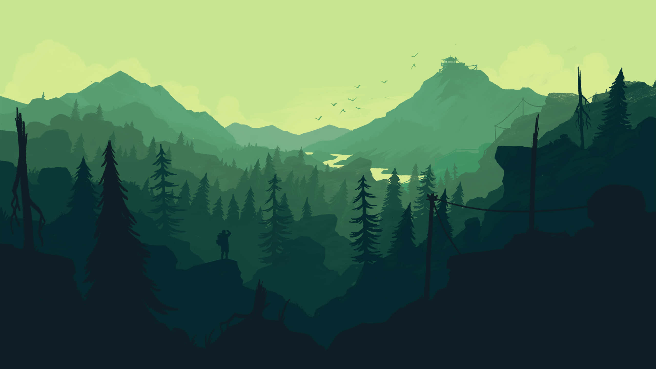 2560x1440 桌布 壁紙 — 一位孤獨的遠足者站在懸崖上，俯瞰著霧氣瀰漫的綠色山谷，遠處有山脈和蜿蜒的河流。