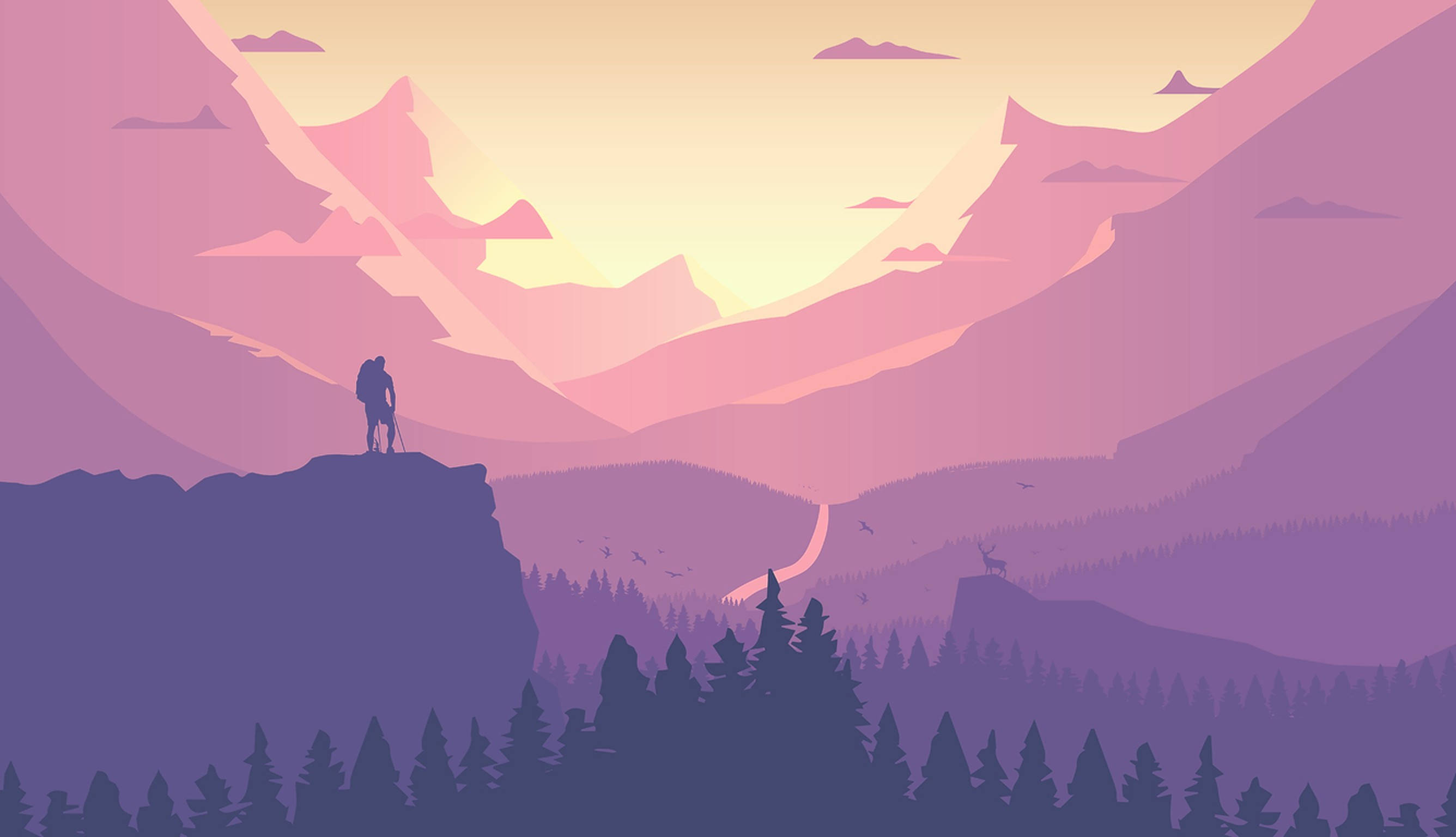 Hiking 桌布 壁紙 — 一位孤獨的遠足者站在懸崖頂上，俯瞰著日落時分廣闊的紫色山谷，有剪影樹木和遠處的鹿。