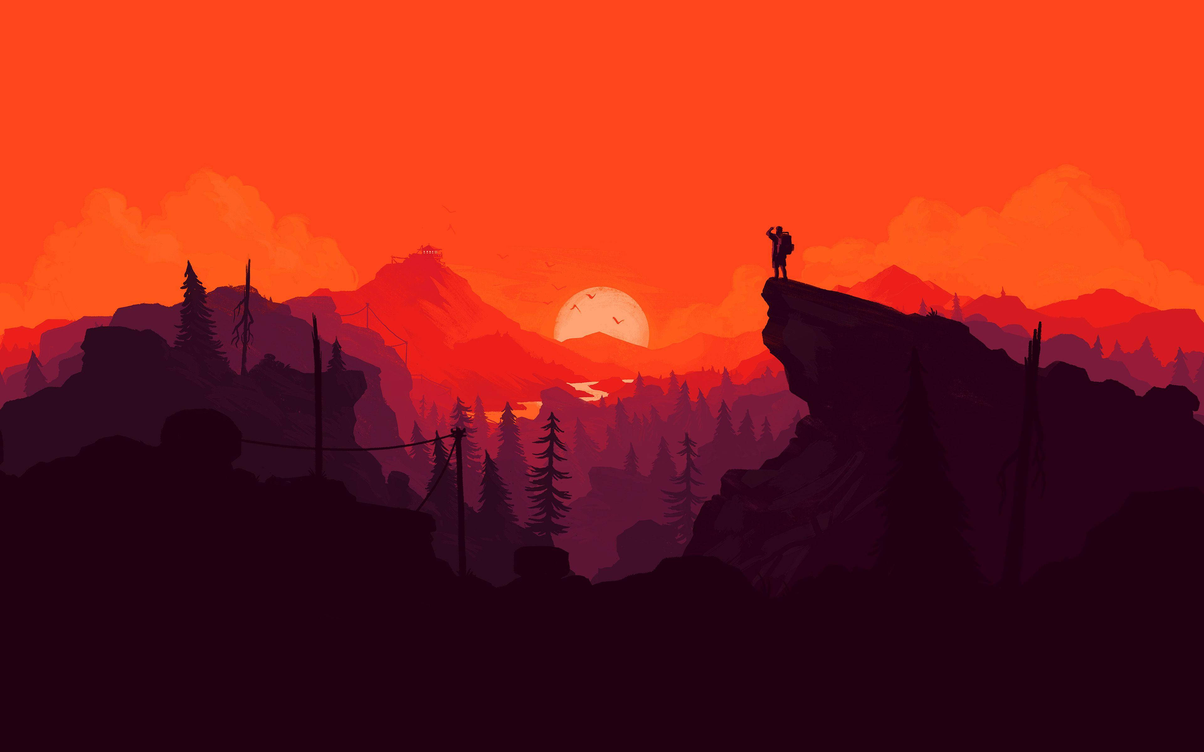 Minimalist Nature 桌布 壁紙 — 一位孤獨的遠足者站在懸崖頂上，在層層山脈和松樹林上方的火熱橙色日落中形成剪影。