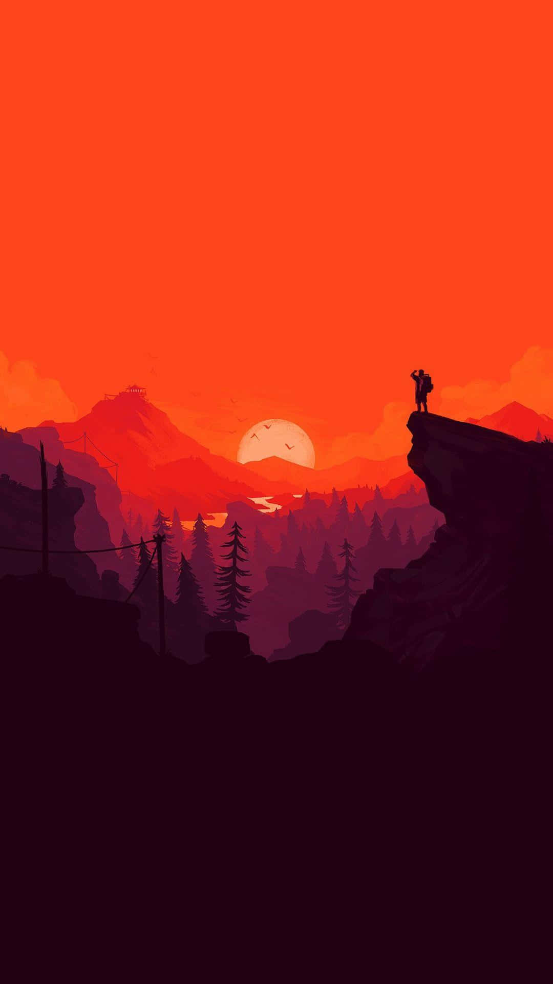 Minimalist Sunset 桌布 壁紙 — 一位孤獨的遠足者站在日落時的懸崖頂上，在層層山脈和松樹林上方火紅橙色的天空映襯下形成剪影。