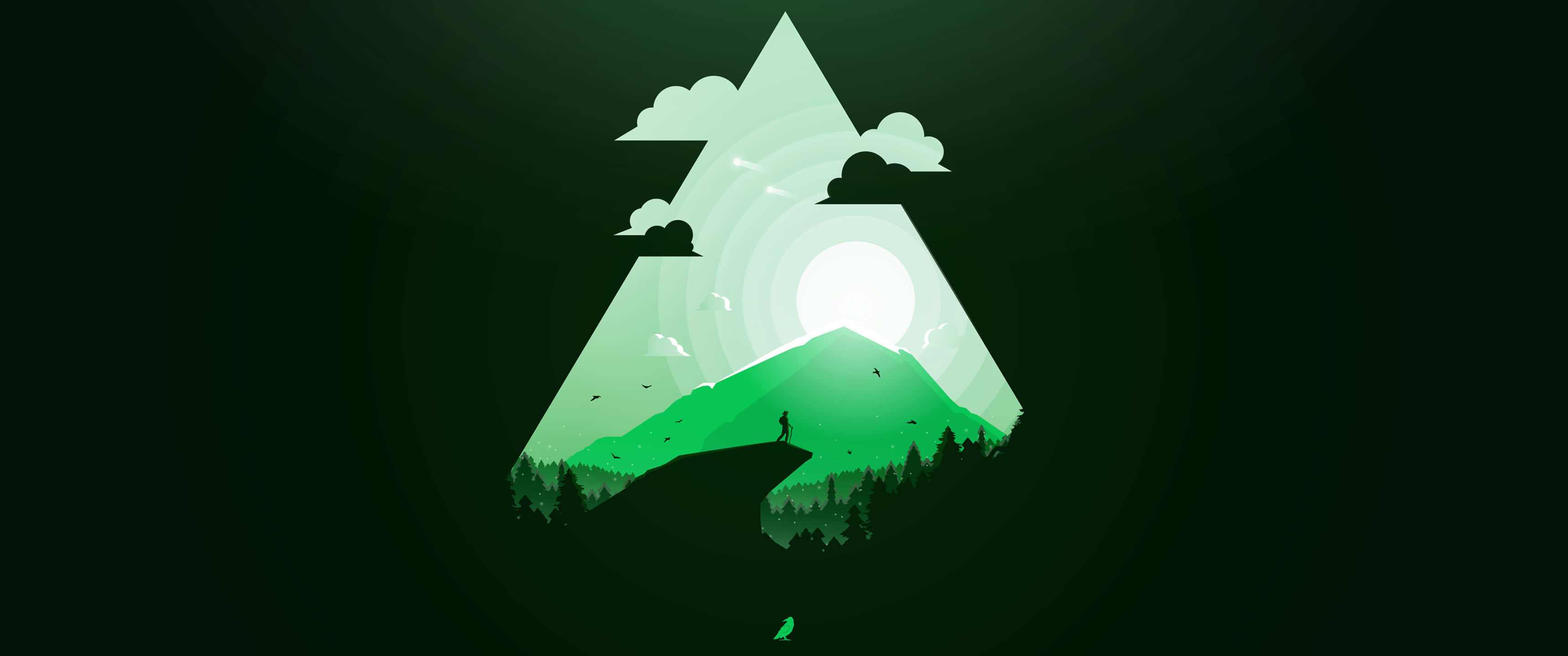 桌布 壁紙 — 一位孤獨的遠足者站在綠色山峰之巔，被發光的三角形太陽光芒和風格化的雲朵所環繞。