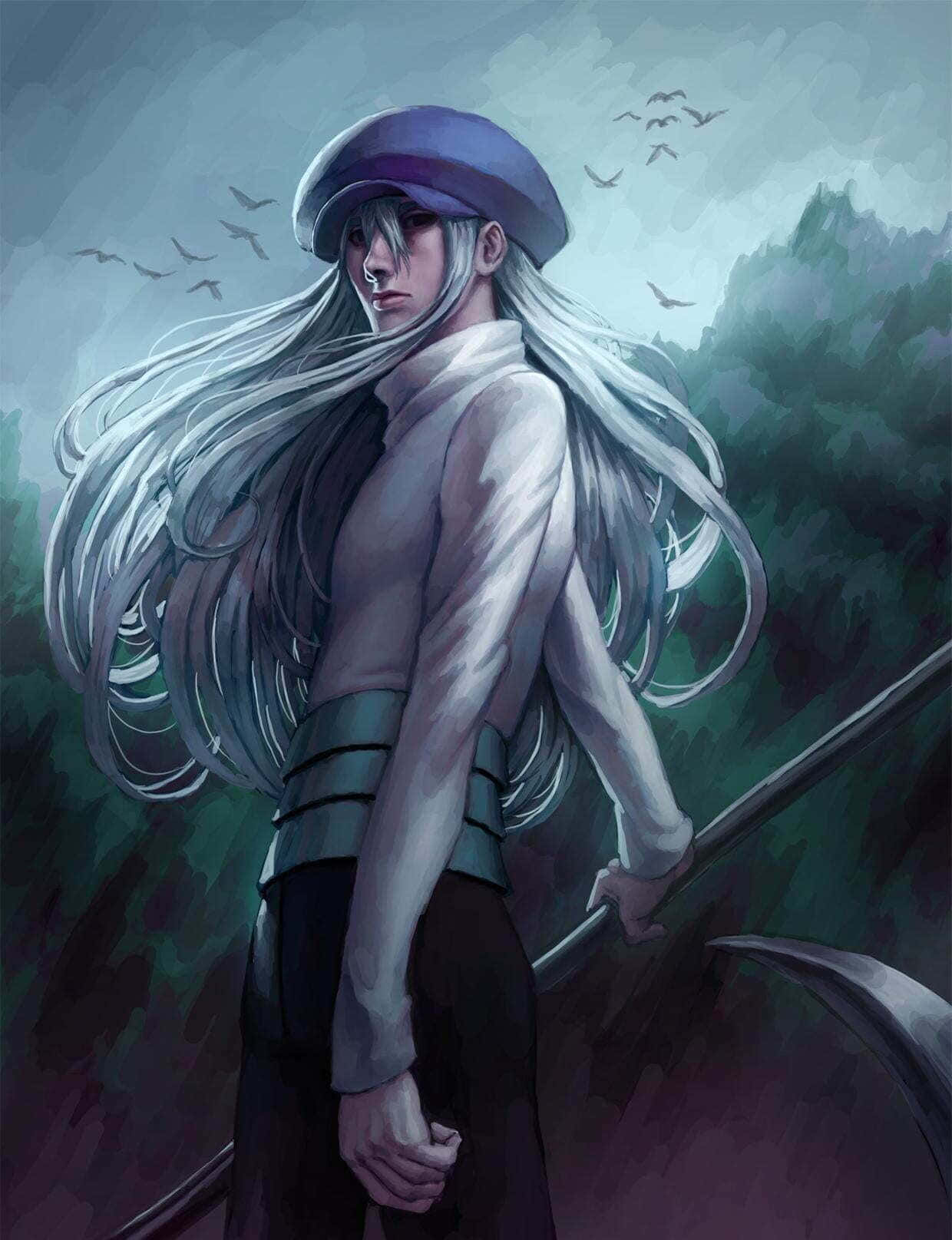 Hunter X Hunter Kite 桌布 壁紙 — 一位孤獨的銀髮動漫戰士，戴著紫色帽子，手持鐮刀，在霧氣瀰漫的森林背景下擺出姿勢，頭頂有鳥兒飛過。