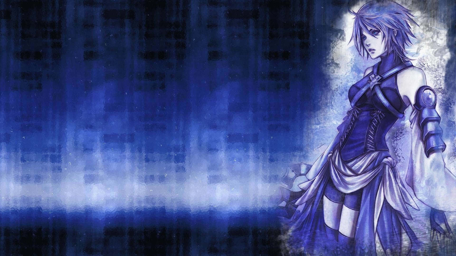 桌布 壁紙 — 一位孤獨的銀髮動漫戰士站在憂鬱的藍色迷霧中，被背後明亮的光芒照亮。