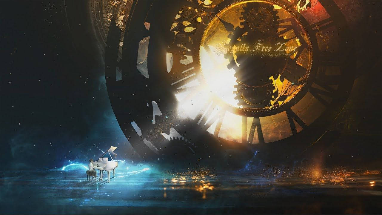 鋼琴 桌布 壁紙 — 一位孤獨的鋼琴家在宇宙星空虛空中，在一個巨大的發光齒輪時鐘下彈奏白色三角鋼琴。