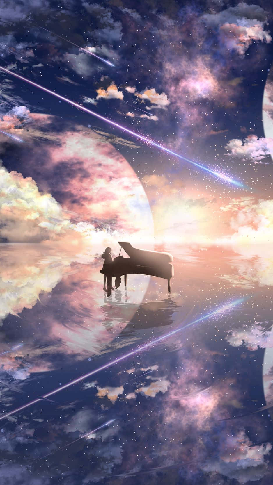 雲朵 桌布 壁紙 — 一位孤獨的鋼琴家在星空星雲和流星下，在宇宙雲上彈奏三角鋼琴。