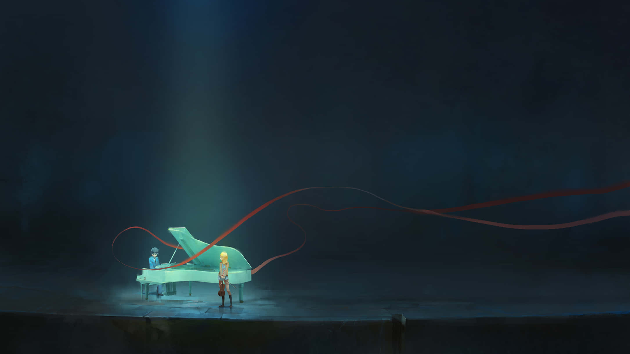 Your Lie In April 桌布 壁紙 — 一位孤獨的鋼琴家在聚光燈下彈奏三角鋼琴，發光的紅色絲帶在黑暗的劇院中戲劇性地旋轉。