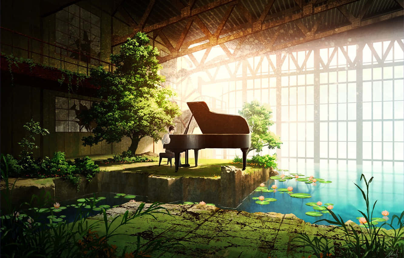 Silhouette 桌布 壁紙 — 一位孤獨的鋼琴家在陽光普照、長滿苔蘚的工業溫室中彈奏三角鋼琴，溫室裡佈滿百合池塘和茂密的綠色植物。