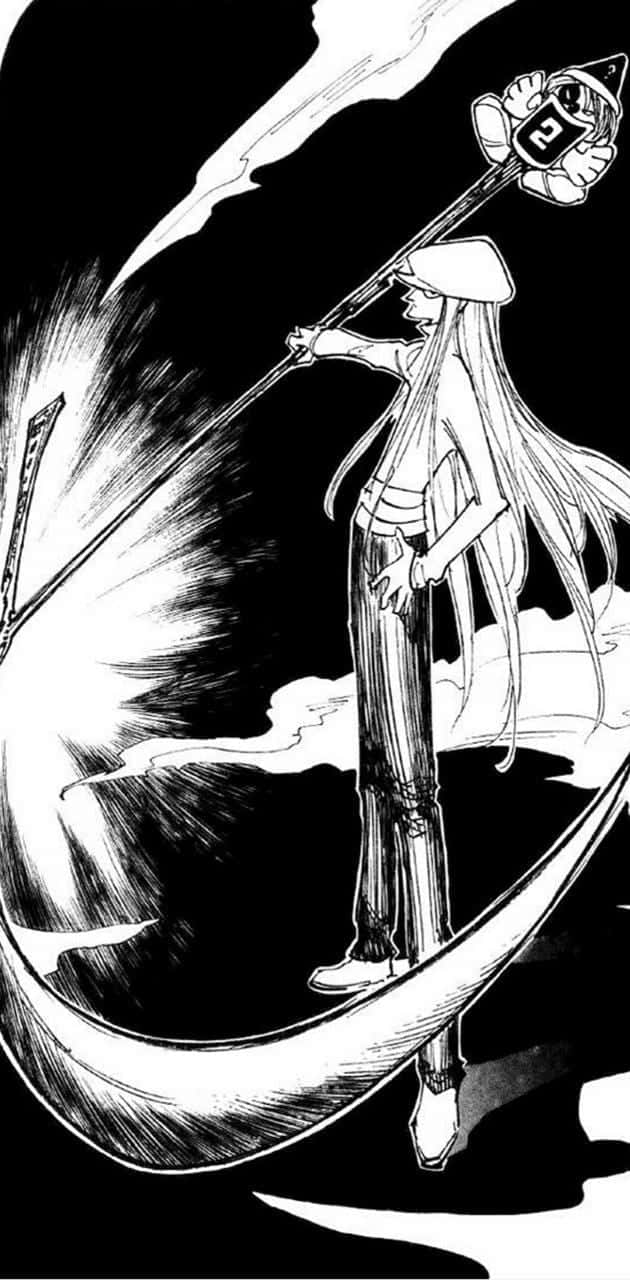 Hunter X Hunter Kite 桌布 壁紙 — 一位孤獨的長髮動漫戰士，在高對比度的黑白插圖中，揮舞著發光的劍對抗黑暗旋轉的漩渦。