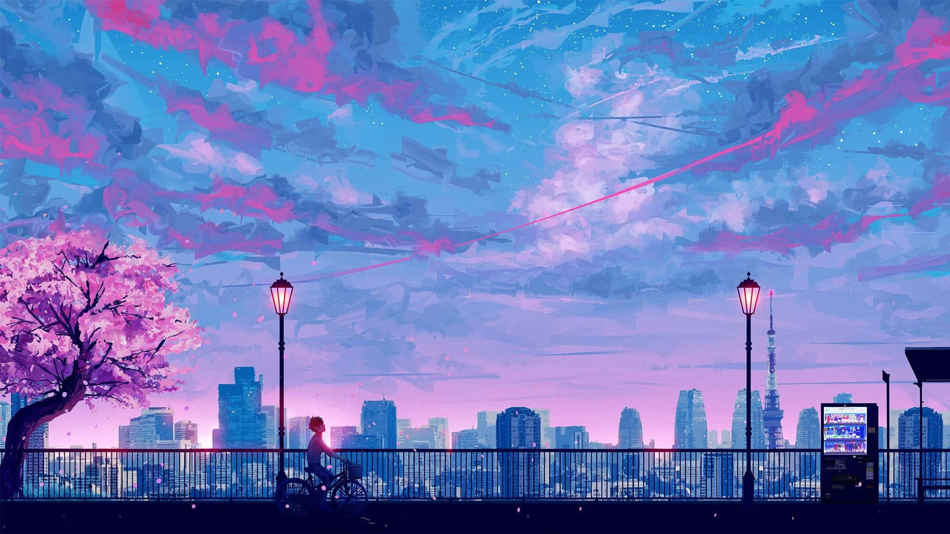 Purple Anime 桌布 壁紙 — 一位孤獨的騎單車者騎過一棵櫻花樹，在充滿活力的粉紅色和藍色暮色天空下，背景是未來主義的城市景觀。