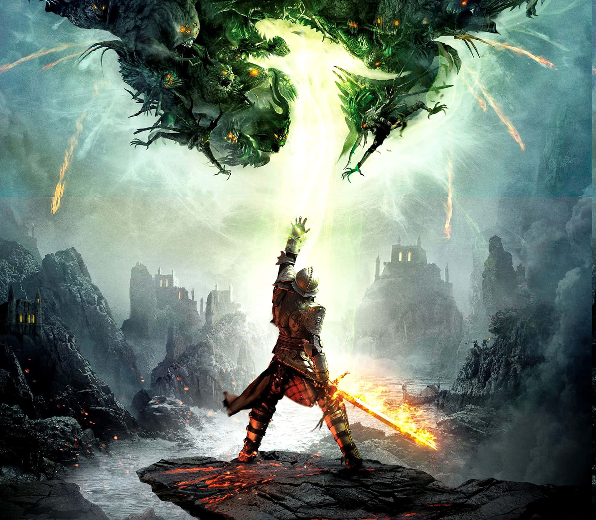 Rpg Games 桌布 壁紙 — 一位孤獨的騎士站在懸崖邊，揮舞著火焰劍，而綠色怪物從古代遺跡上方的暴風雨中降臨。
