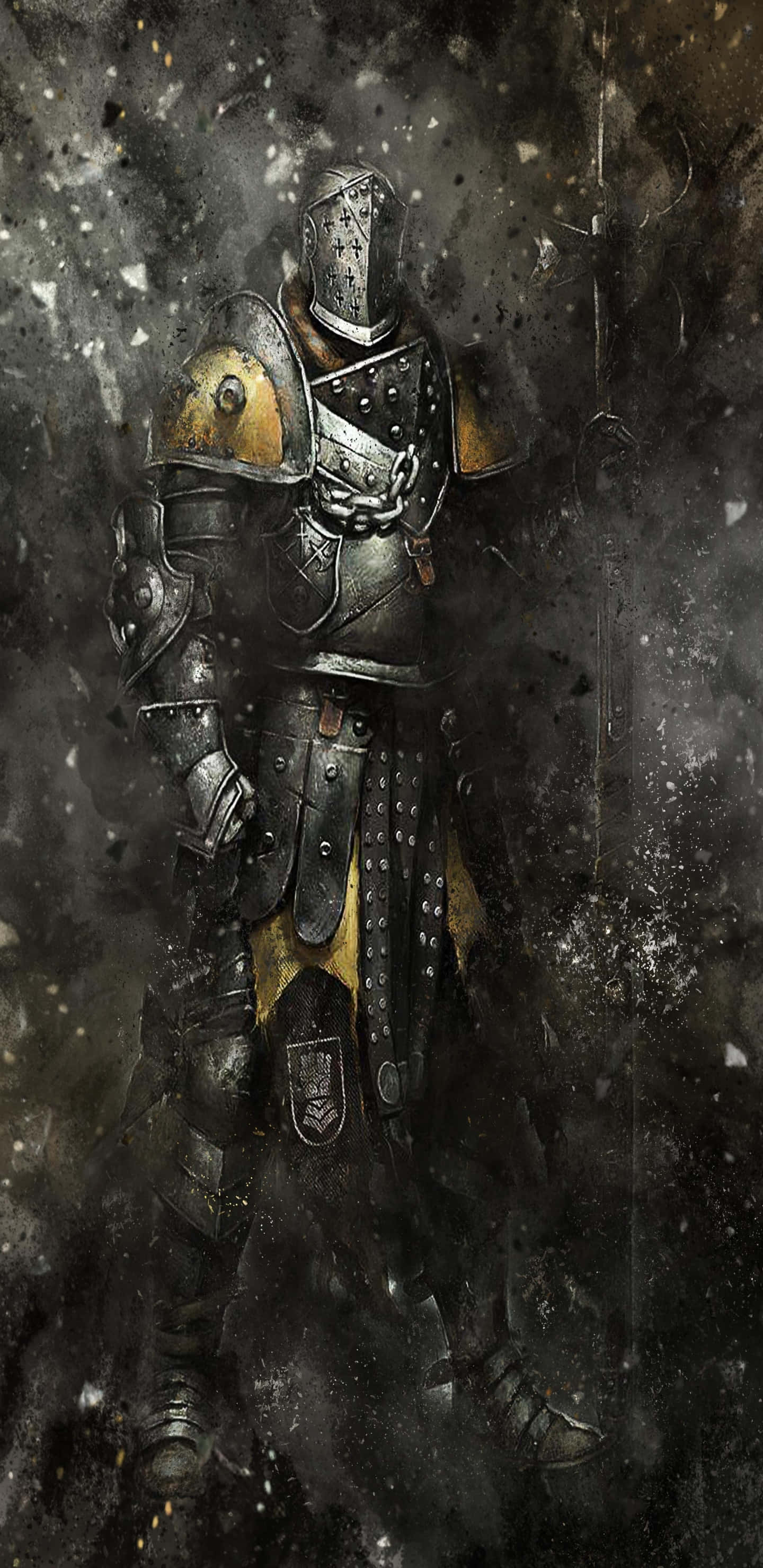 For Honor 桌布 壁紙 — 一位孤獨的騎士身穿風化的盔甲，在陰沉天空下，站在旋轉的黑暗煙霧和落下的灰燼中。