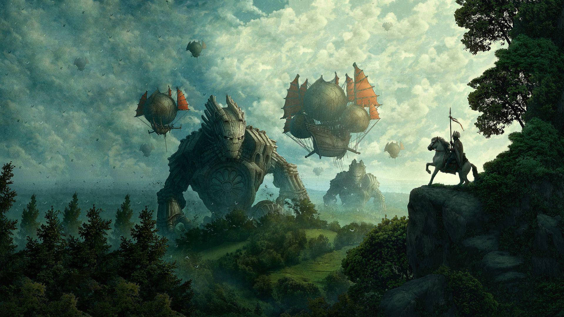 怪物 桌布 壁紙 — 一位孤獨的騎士騎在馬上，俯瞰著巨大的機械巨人和飛船在霧氣瀰漫的森林山谷上空翱翔。