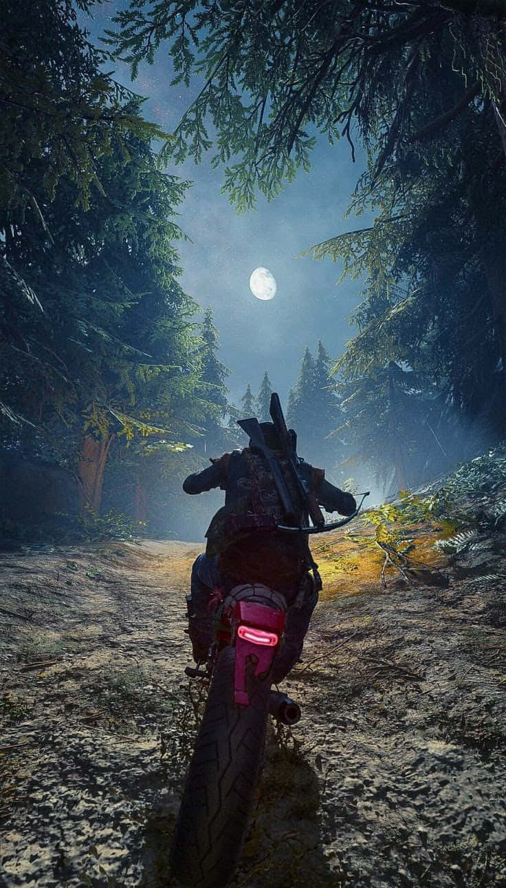 iPhone Xs Dayz 桌布 壁紙 — 一位孤獨的騎士騎著帶有發光粉紅色尾燈的機車，行駛在一條月光照耀的森林小徑上，兩旁是高聳的松樹。