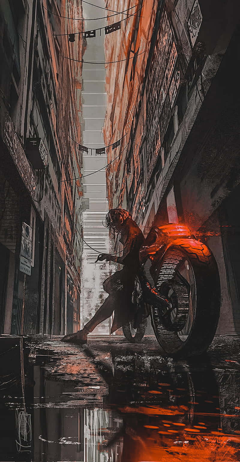 Pixel 3 Cyberpunk 2077 桌布 壁紙 — 一位孤獨的騎士騎著發光的橙色摩托車，在雨濕的城市小巷中，於高聳建築物之間稍作停留。