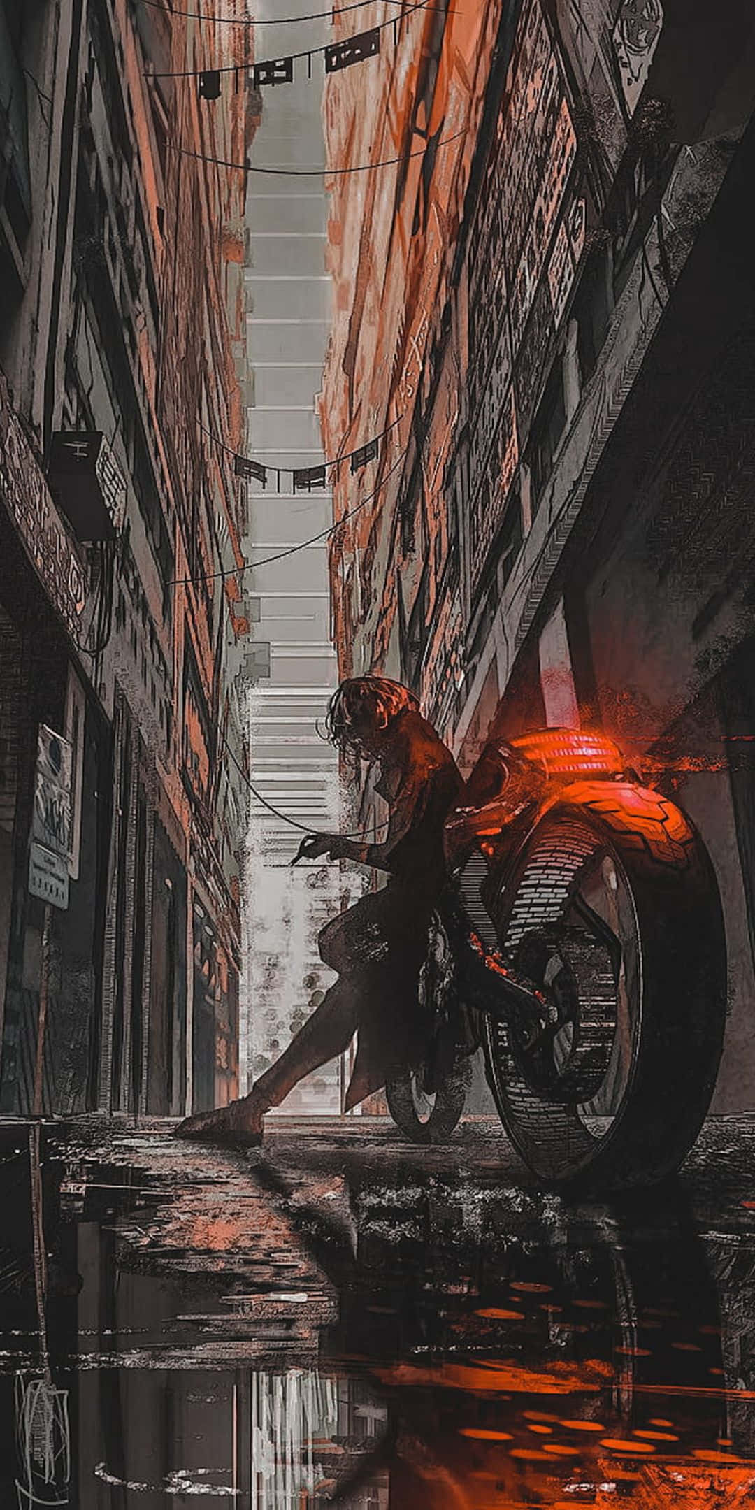 Pixel 3 Cyberpunk 2077 桌布 壁紙 — 一位孤獨的騎士騎著發光的橙色摩托車，在雨濕的城市小巷中，於高聳建築物之間稍作停留。