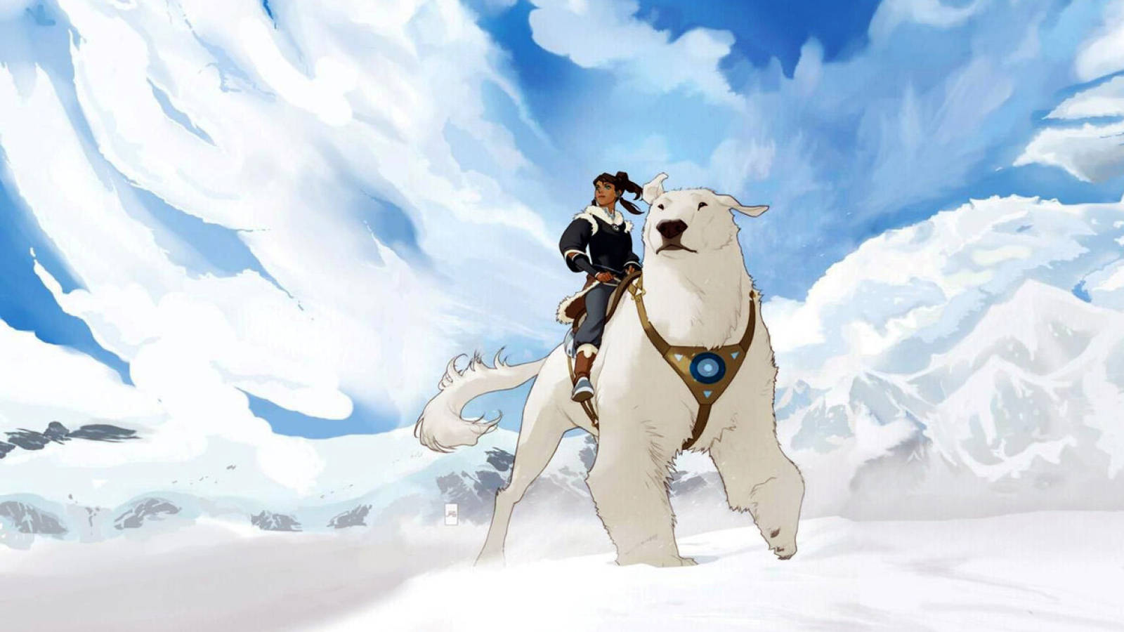 Korra 桌布 壁紙 — 一位孤獨的騎手騎在雄偉的白色北極熊上，在旋轉的藍白天空下，穿過廣闊的雪山山脈。