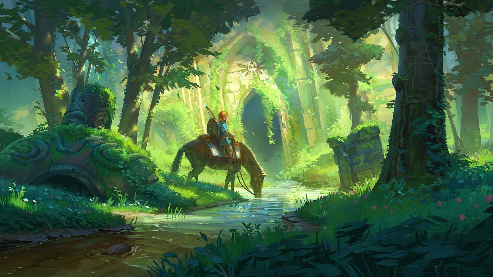 Breath Of The Wild 桌布 壁紙 — 一位孤獨的騎手騎著馬，穿過陽光明媚、長滿青苔的森林，走向一座古老的石拱門。