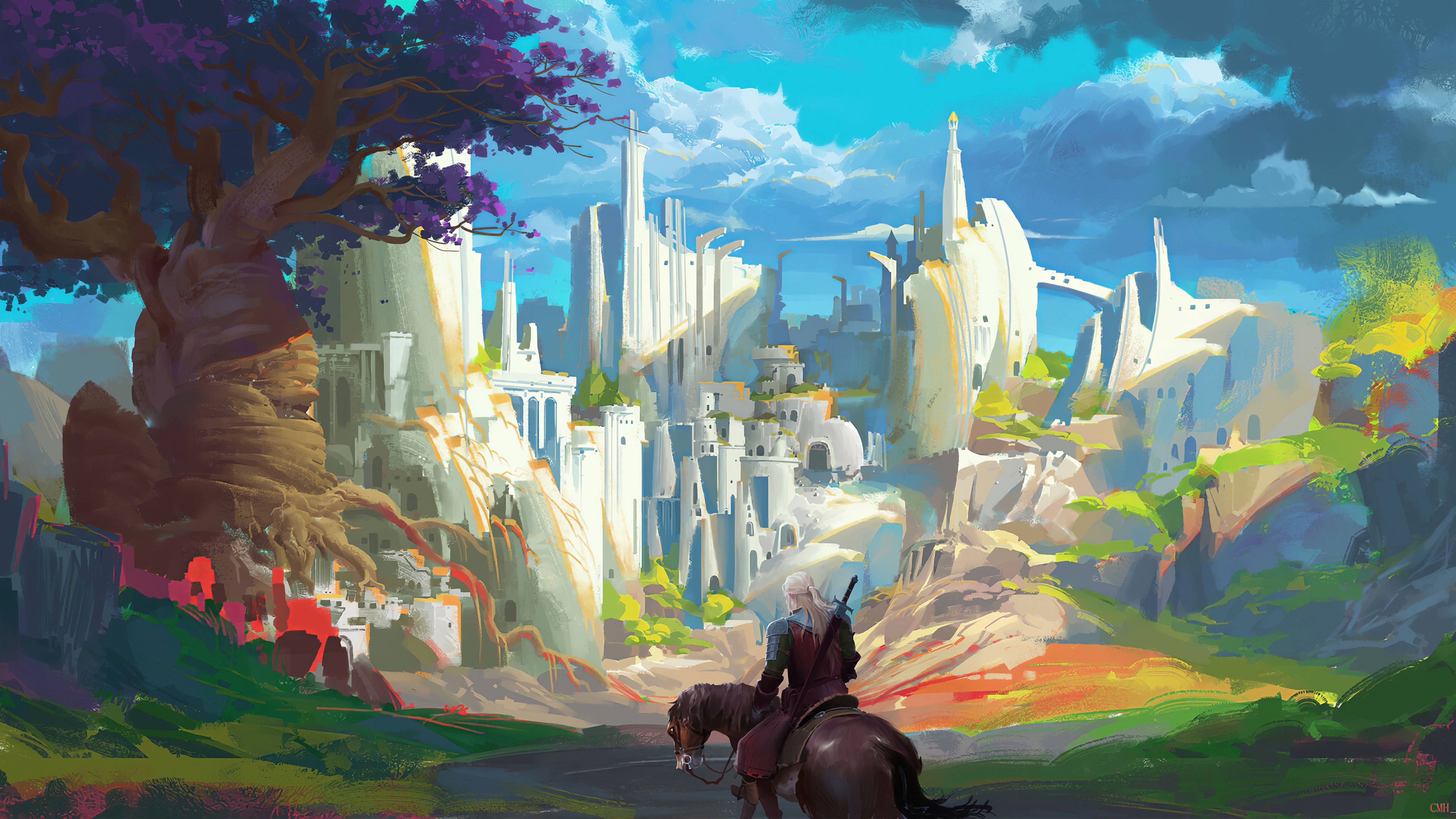 witcher 4K 桌布 壁紙 — 一位孤獨的騎手騎著馬，走近一座坐落在山谷中、在鮮豔藍天下雄偉的白色城堡城市。