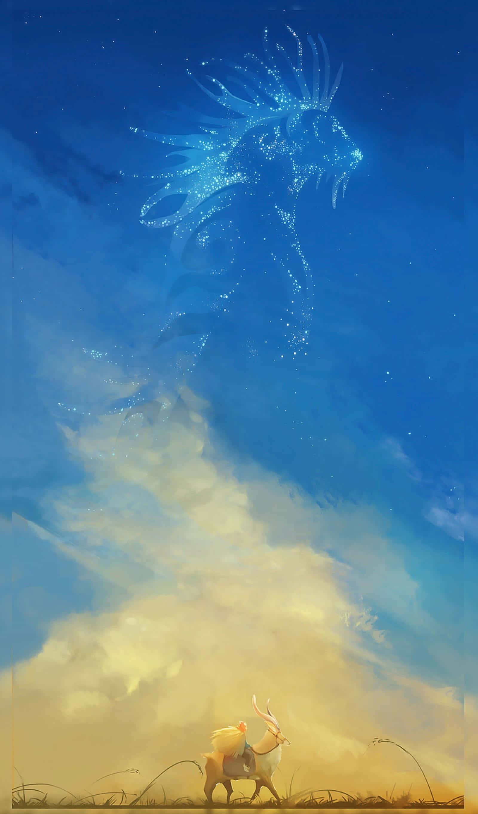 Studio Ghibli Art 桌布 壁紙 — 一位孤獨的騎手騎著鹿，仰望暮色天空中由星星形成的雄偉發光藍色天獅。