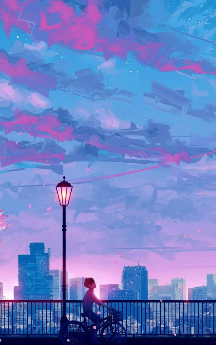 Lo Fi iPhone 桌布 壁紙 — 一位孤獨的騎自行車者在橋上發光的街燈旁停下，俯瞰城市天際線，背景是超現實的暮色天空，帶有粉紅色和藍色的雲彩。