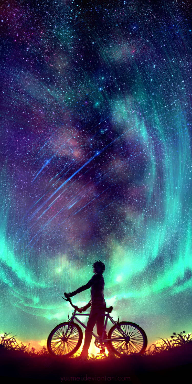 Alone 桌布 壁紙 — 一位孤獨的騎自行車者與他們的自行車站在一個充滿星星和極光的旋轉宇宙天空下。