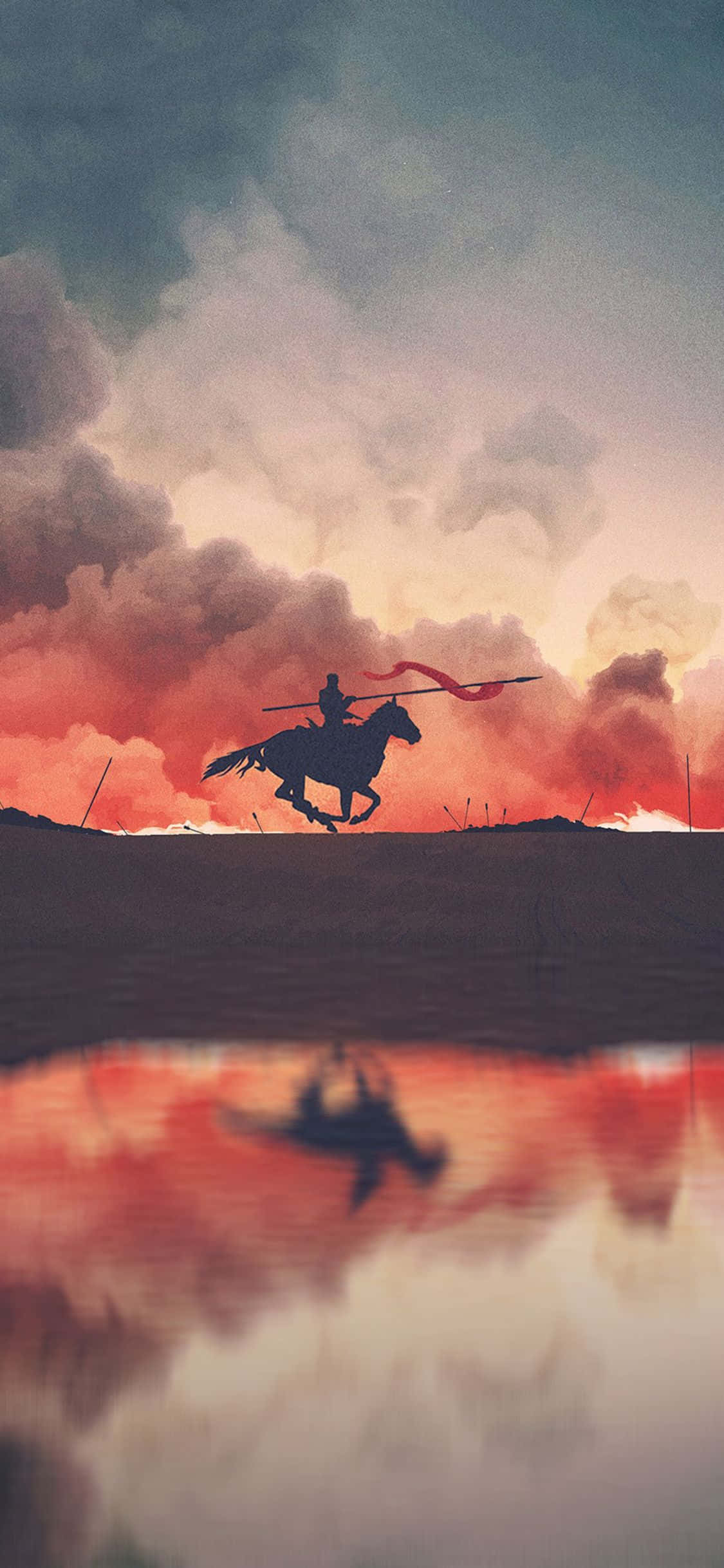 Game Of Thrones iPhone 桌布 壁紙 — 一位孤獨的騎馬戰士，手持飄揚的紅色旗幟，奔馳在平靜水面倒映的熾熱夕陽天空下。