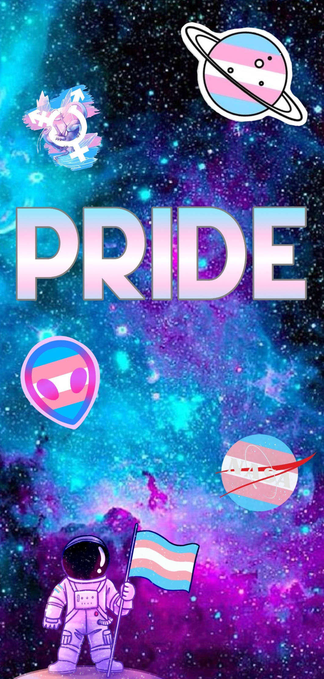 LGBT 桌布 壁紙 — 一位宇宙太空人在充滿活力的星雲背景下舉起跨性別驕傲旗幟，周圍漂浮著驕傲主題的行星和符號。