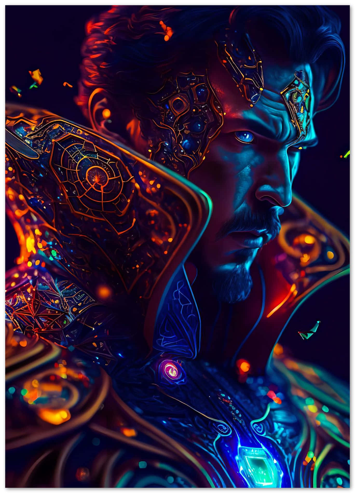 Dr Strange 桌布 壁紙 — 一位宇宙戰士，擁有發光的藍色眼睛和精緻的金色盔甲，在黑暗背景下散發出力量。
