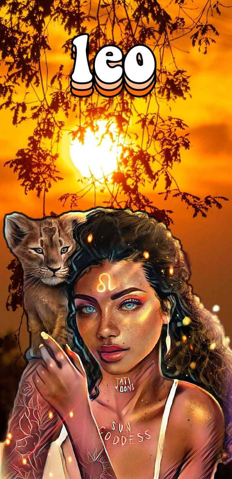Leo 桌布 壁紙 — 一位容光煥發的女性，肩上棲著一隻幼獅，在金色夕陽下透過剪影般的樹枝向前凝視。