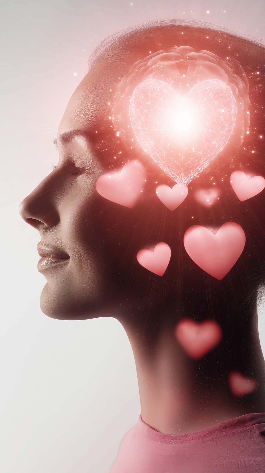 Love and Mind: Feminine Silhouette with Glowing Hearts 壁紙 — 一位寧靜女性的側面輪廓閃耀著從她大腦中浮現的粉紅色心形，如同發光的情感光環。