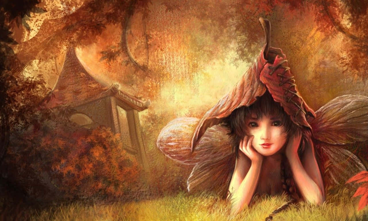 仙女 桌布 壁紙 — 一位寧靜的仙子，擁有樹葉翅膀，在溫暖的金色光芒下，躺在木製涼亭旁的秋草中休息。