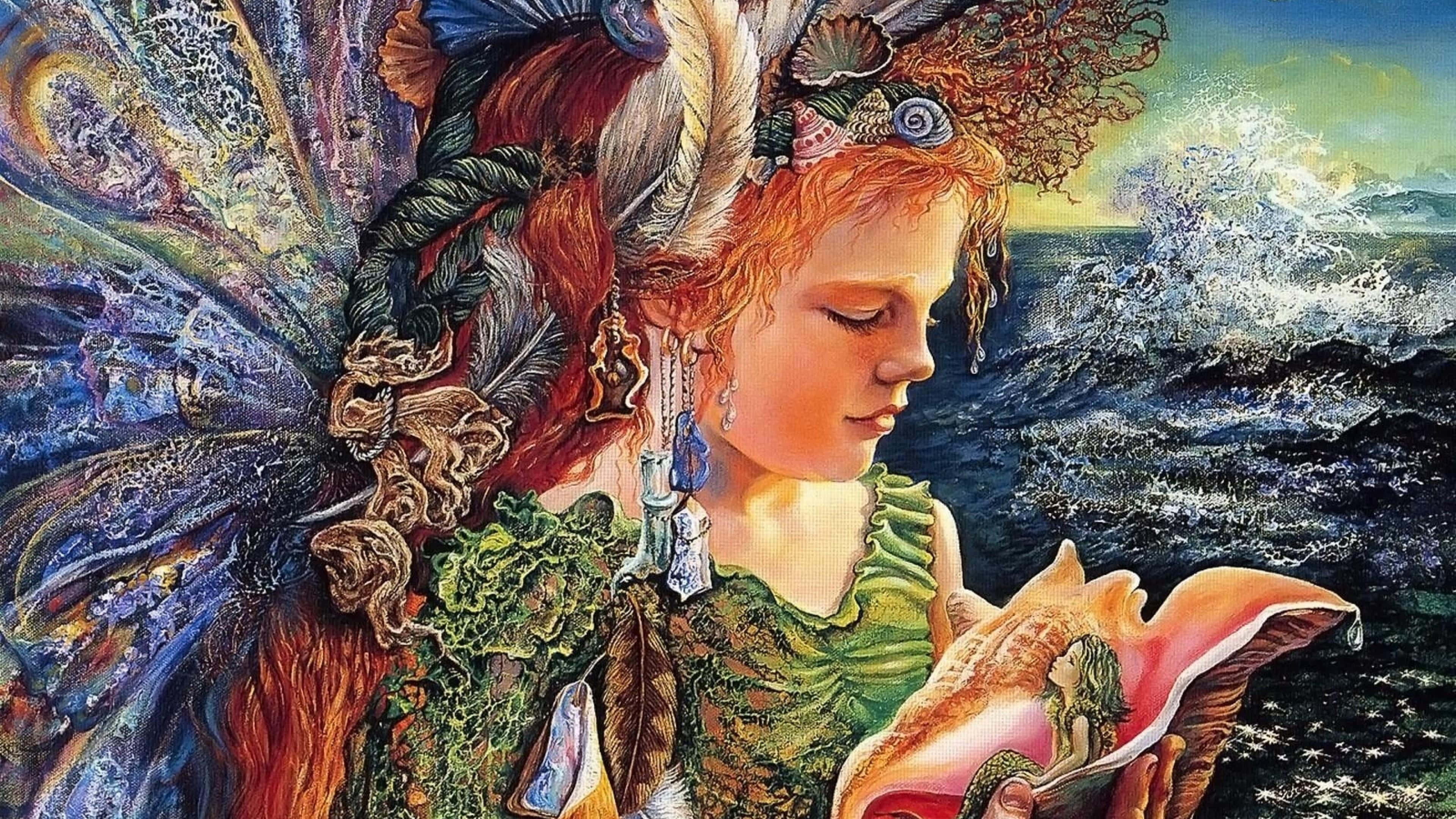美人魚 桌布 壁紙 — 一位寧靜的仙子，擁有精緻的翅膀和貝殼裝飾，俯視著一個包含微型美人魚的貝殼，背景是暴風雨中的海洋。