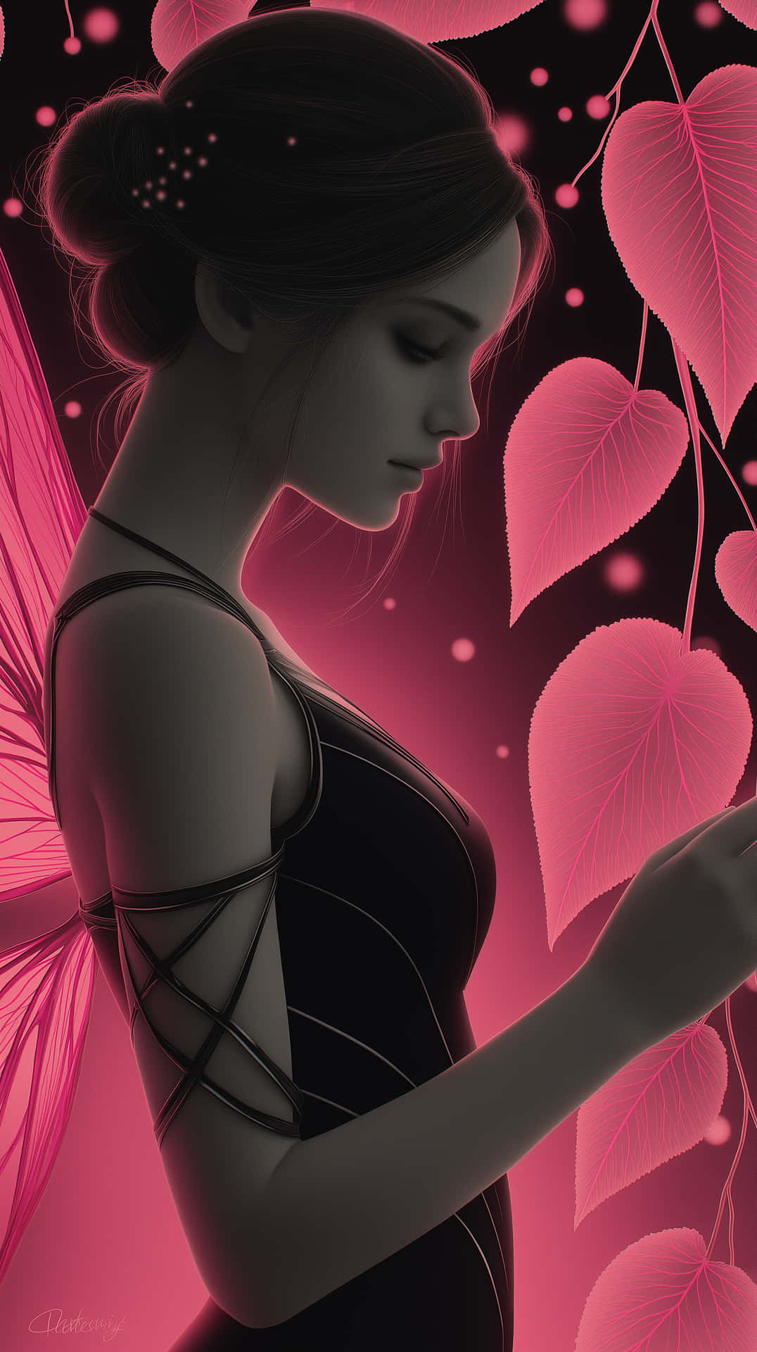 Pensive Dark Fairy in Neon Pink Forest Ambiance 壁紙 — 一位寧靜的仙子，深色頭髮，粉紅色翅膀，在黑暗背景下，在發光的粉紅色心形葉子中向下凝視。