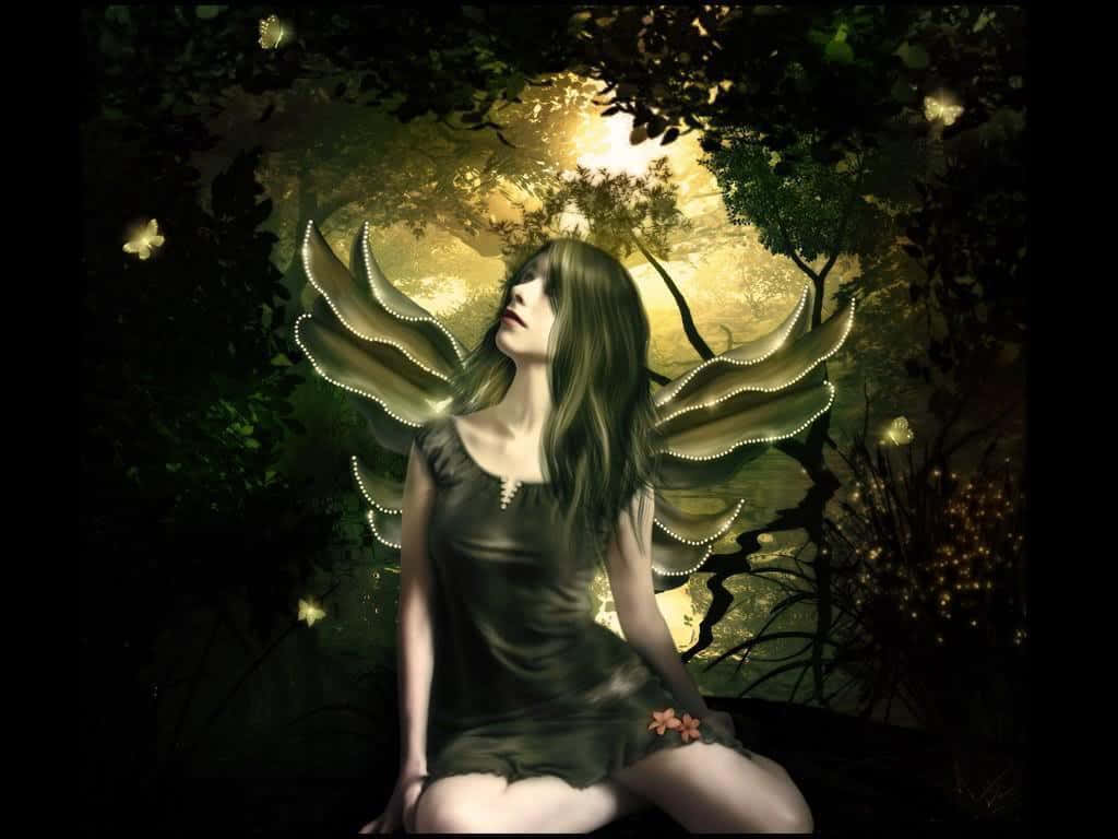 Evil Fairy 桌布 壁紙 — 一位寧靜的仙子，閃爍著光芒的翅膀，坐在神秘森林中，沐浴在穿過茂密樹木的金色光芒中。