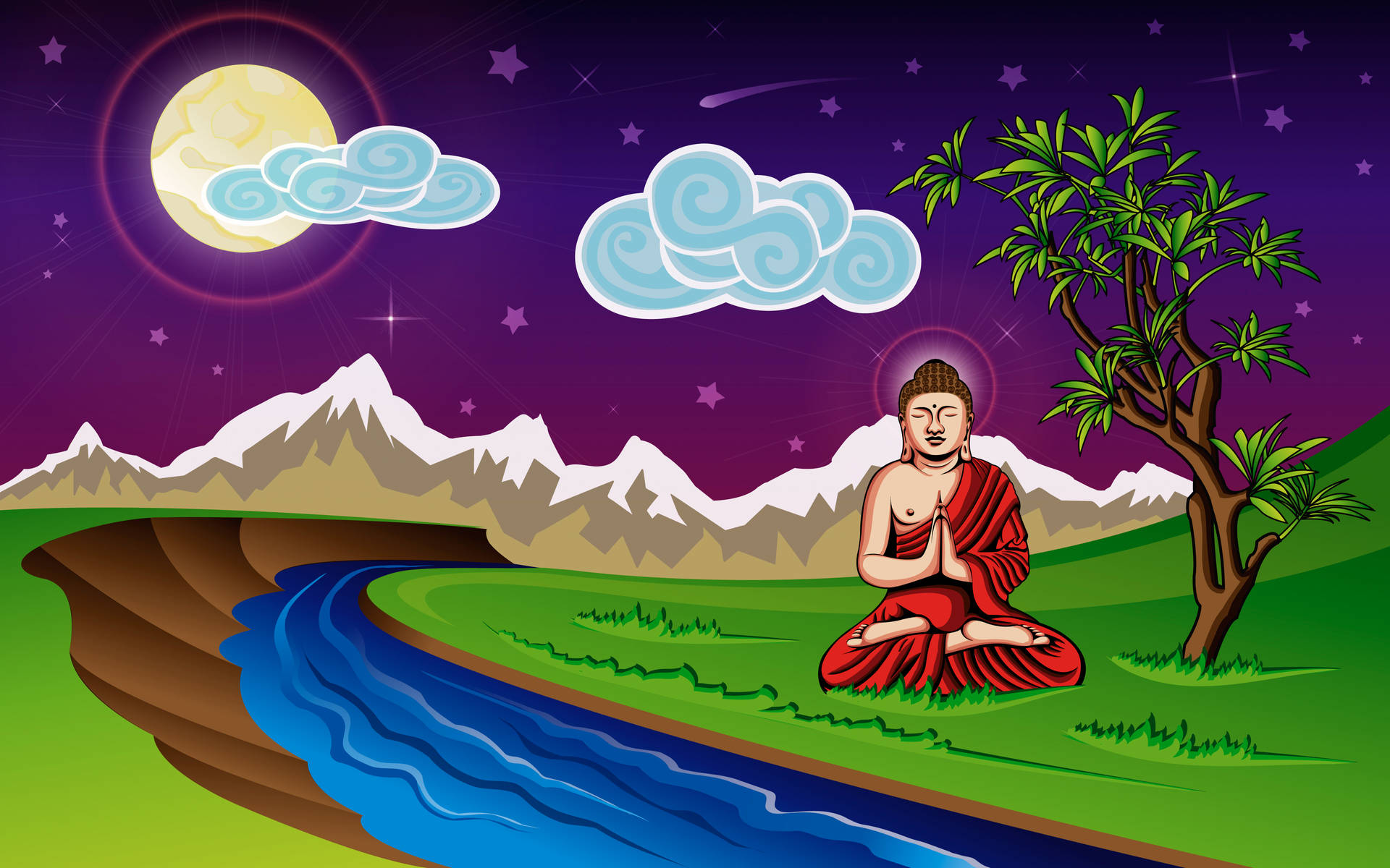 佛陀 桌布 壁紙 — 一位寧靜的佛陀身穿紅色僧袍，在河邊冥想，背景是雪山，上方有發光的月亮和旋轉的雲彩。