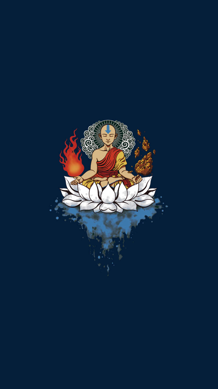 Airbender 桌布 壁紙 — 一位寧靜的僧侶在白色蓮花上冥想，周圍有火和土元素旋轉，背景為深藍色。