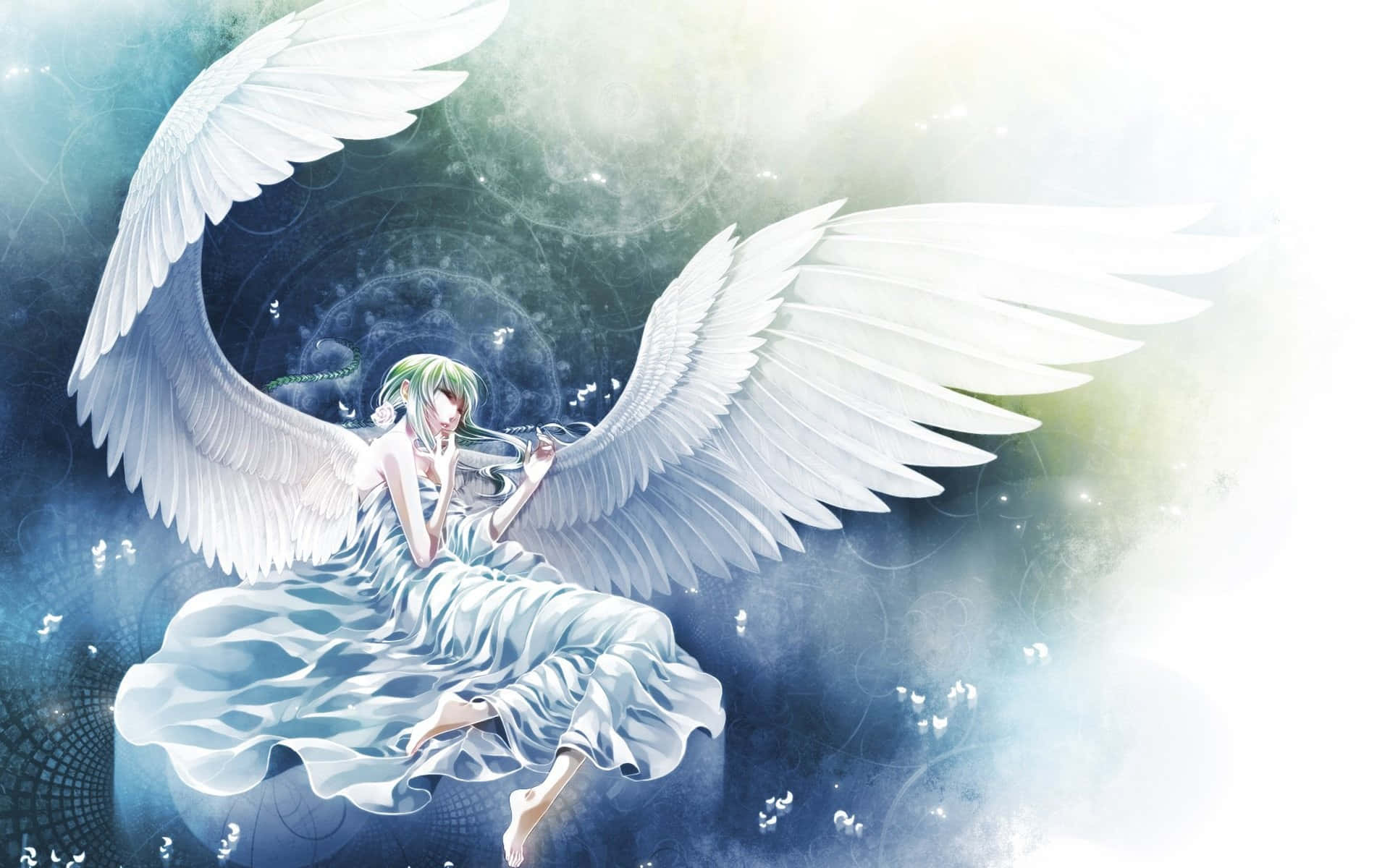 Angelic 桌布 壁紙 — 一位寧靜的動漫天使，擁有綠色頭髮和巨大的白色翅膀，漂浮在宇宙藍白星雲中。