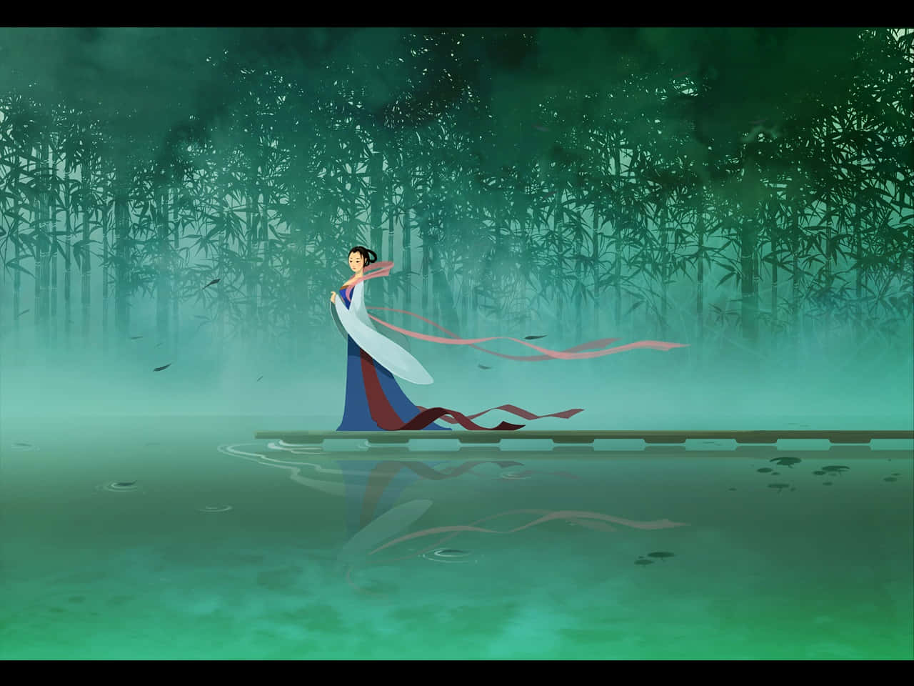 Mulan 桌布 壁紙 — 一位寧靜的動漫女子穿著飄逸長袍，站在霧氣瀰漫的竹林中的木橋上，她的紅色絲帶在綠水中飄動。